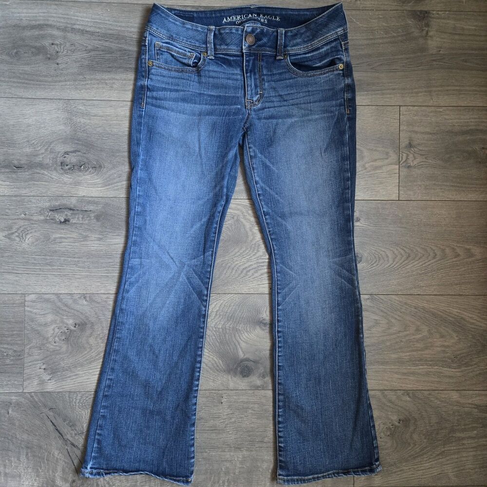 American Eagle Kick Boot Jeans Women 6 Short Blue Low Rise Flare Super Stretch